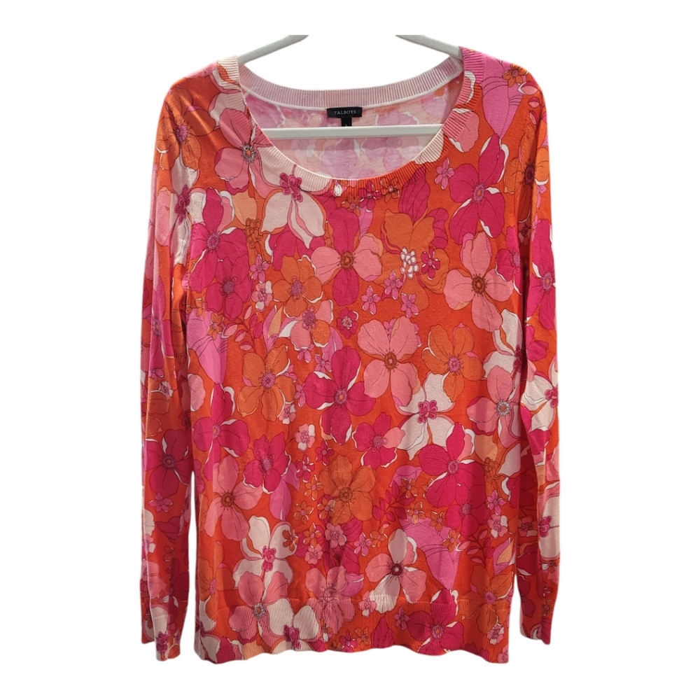 Talbots‎ Sweater Tossed Flowers Crewneck Pink Lightweight Pullover Sz Large